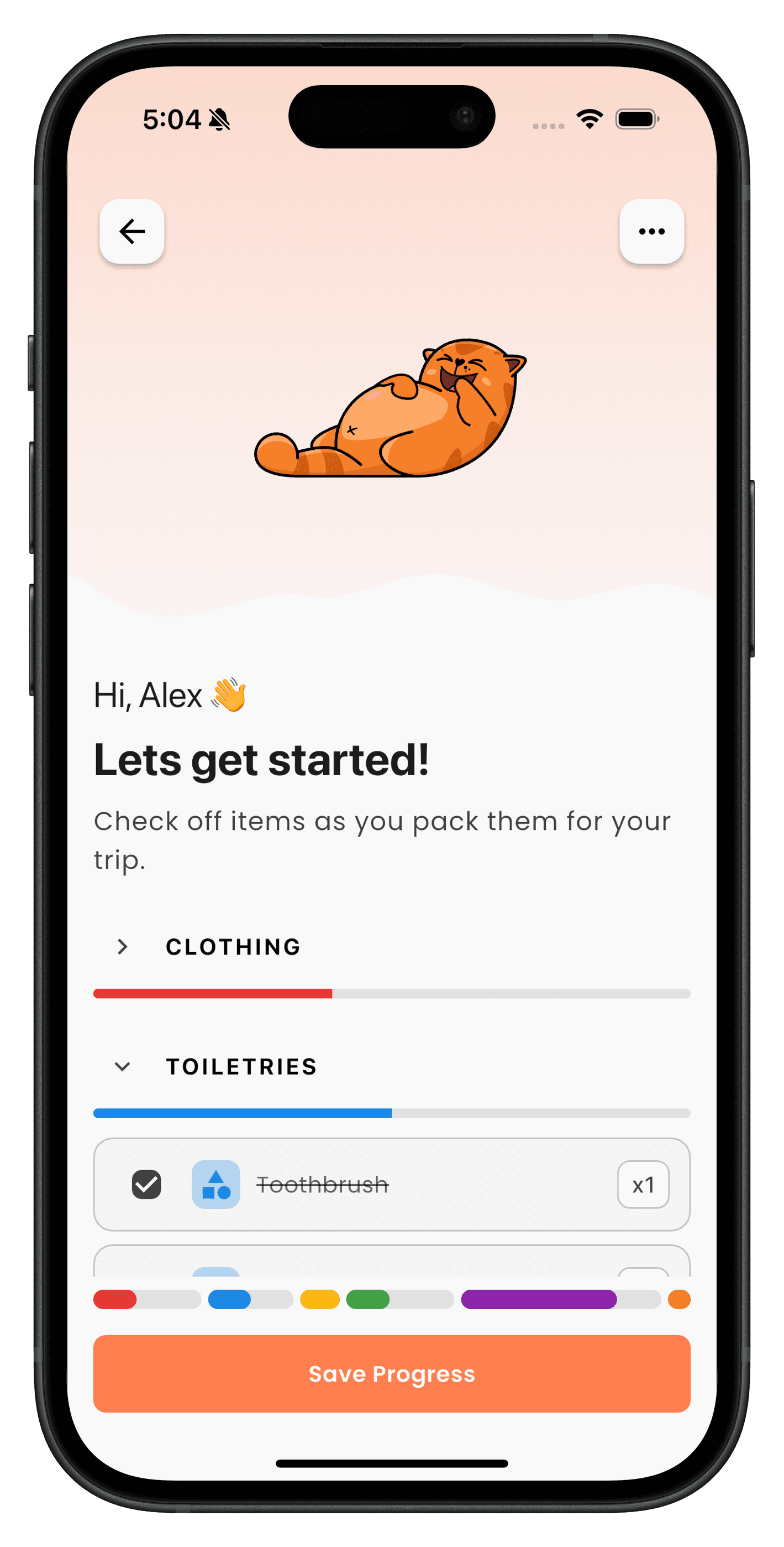 Kaboodle packing checklist screen with progress by category